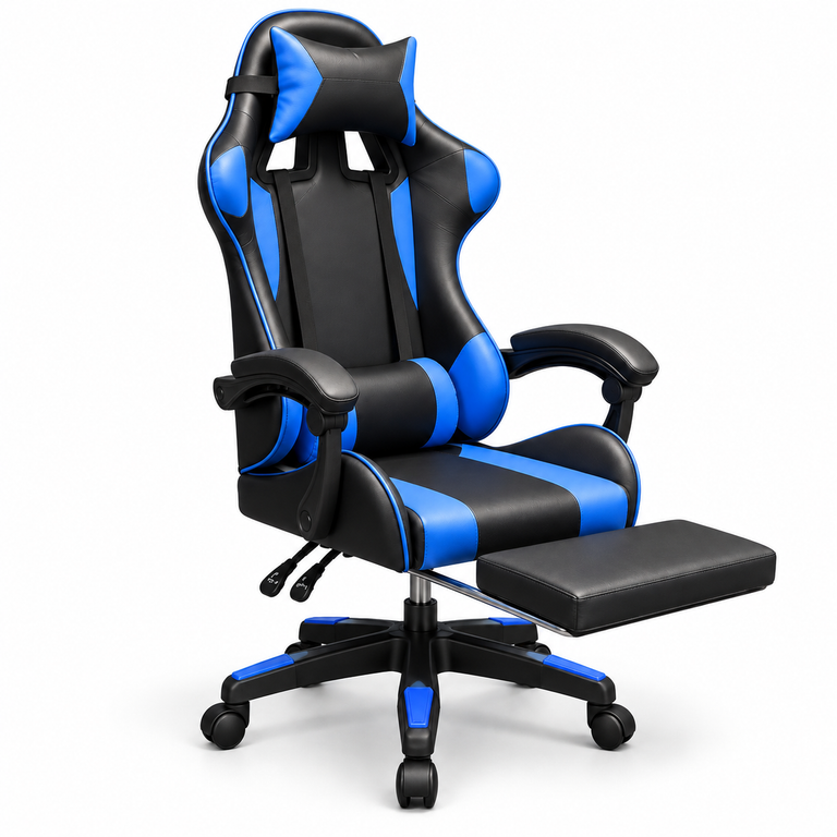 Karrige gaming blu dhe e zezë, me mbështetëse këmbësh