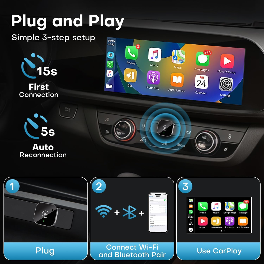 2-in-1 Wireless CarPlay & Android Auto Adapter, Plug & Play CarPlay-2-in-1 Wireless CarPlay & Android Auto Adapter, Plug & Play CarPlay