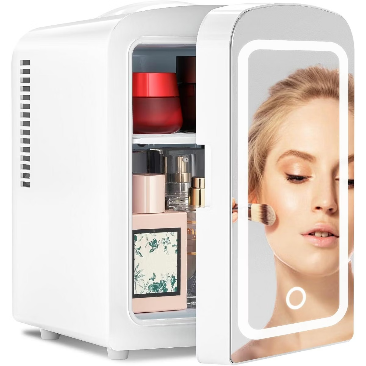 Star Makeup Compact Refrigerator with LED Mirror, 4L Mini Fridge, Skin Care, for Bedroom, Car, Office & Dorm, White