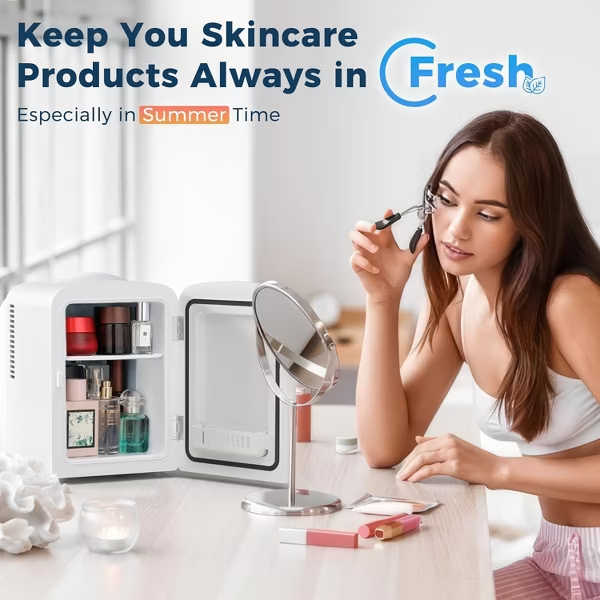 Star Makeup Compact Refrigerator with LED Mirror, 4L Mini Fridge, Skin Care, for Bedroom, Car, Office & Dorm, White